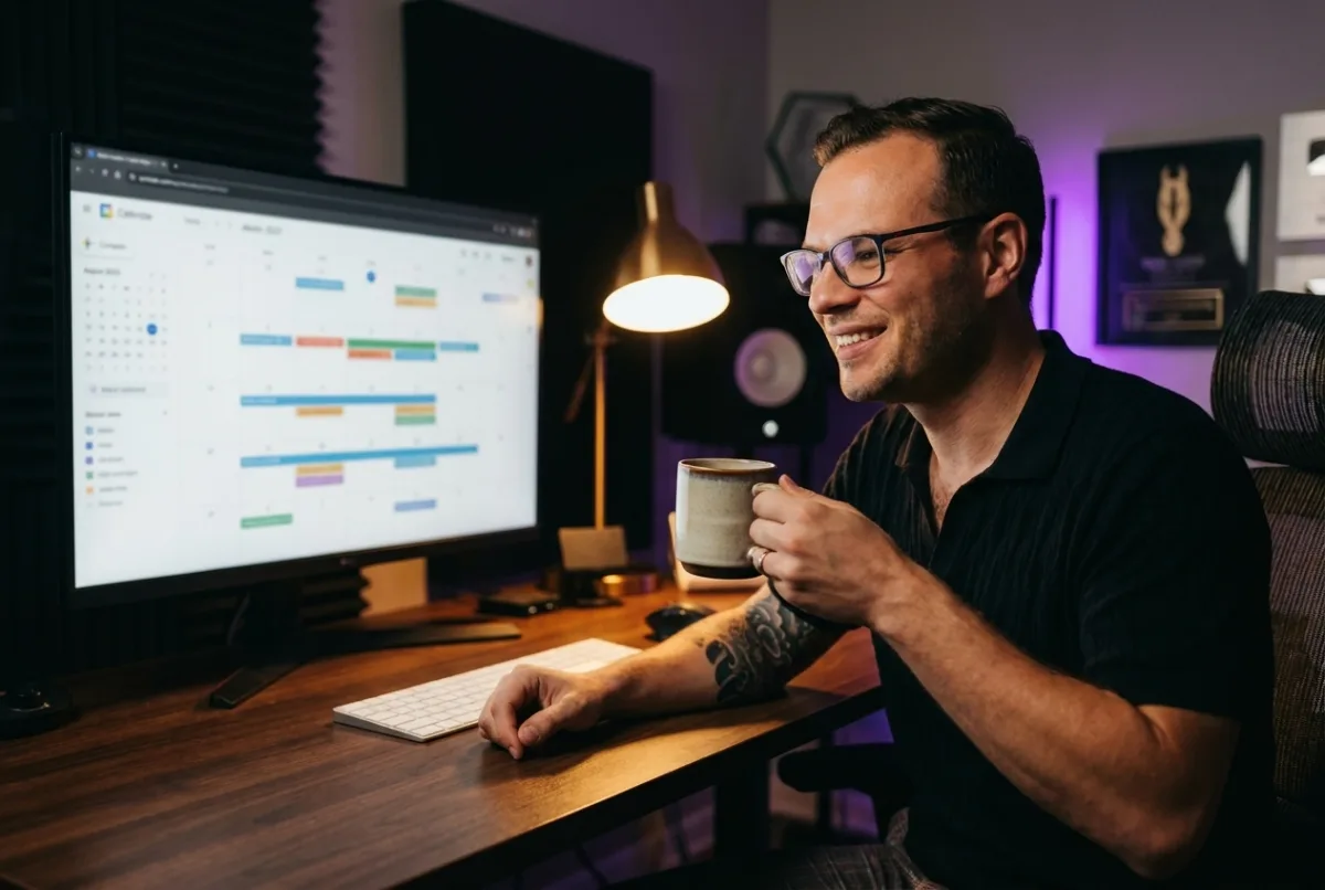 Austin Armstrong reviewing his ThreadMaster publishing calendar